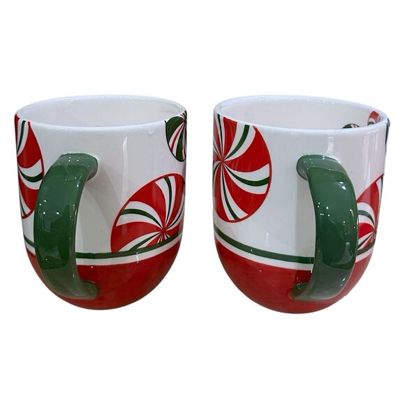 Set of 2 Vintage Pier 1 Hand Painted Red White Green 'CANDY CANE' Coffee Tea Mug - Picture 4 of 16